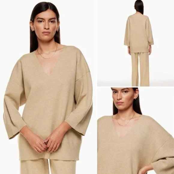 Aritzia Wilfred Free Souvenir Sweater Heather Taupe V Neck 3/4 Sleeve Oversized - Picture 13 of 15